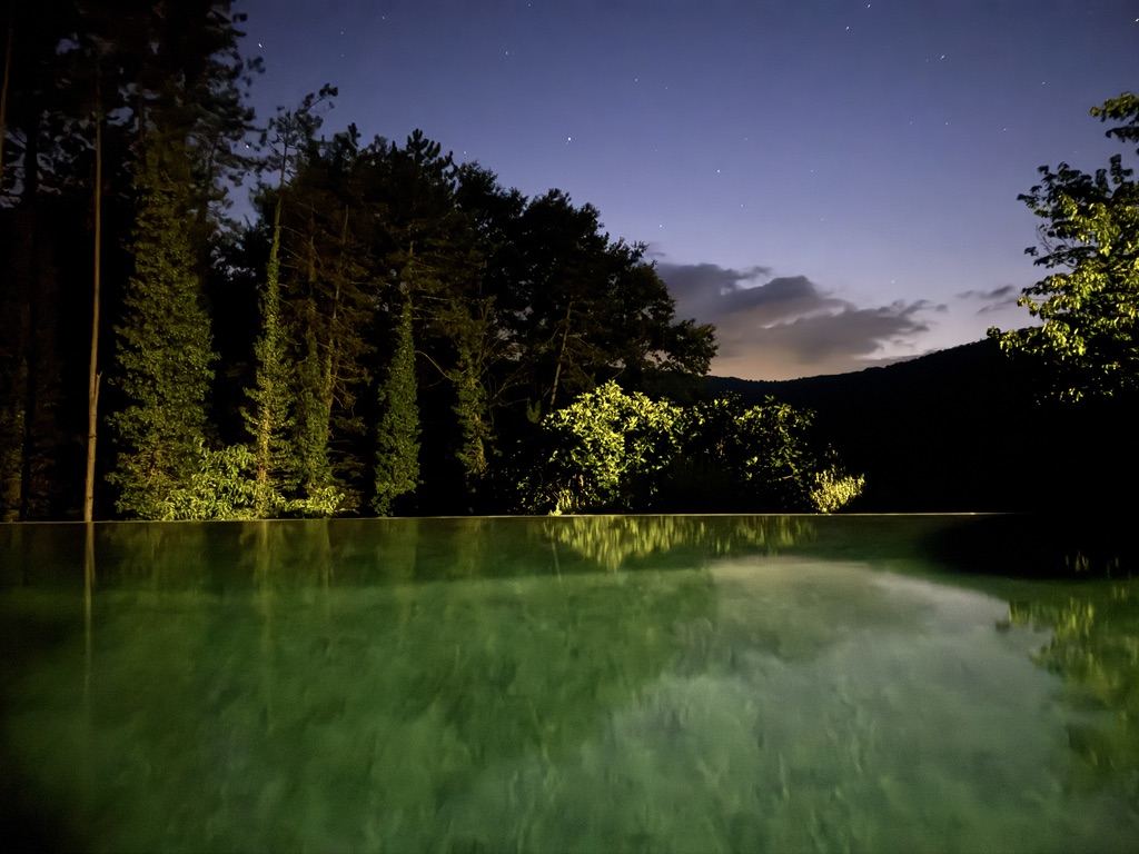 The pool at night, lit by starlight and reflecting the trees